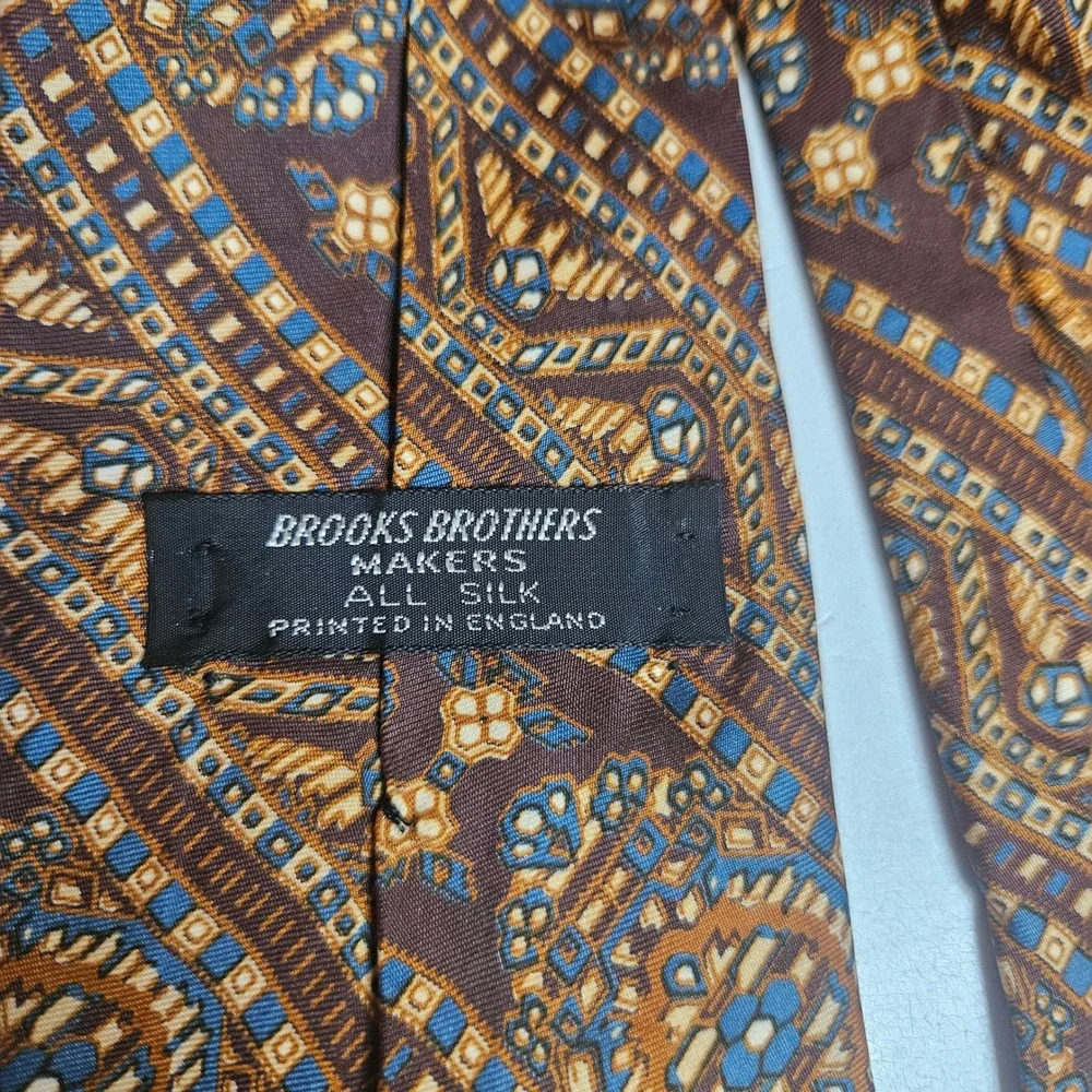 Vtg Brooks Brothers Makers Silk Tie Brown Blue Geometric Paisley Printed England
